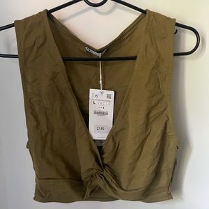 Zara Women’s Khaki Knotted Crop Top Shirt